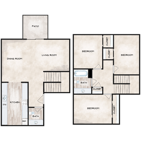 Floor plan for 3 beds, 1.5 baths, 1280 sqft